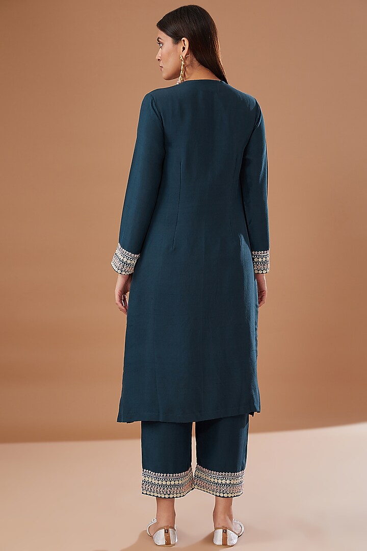 Blue Dupion Silk Embroidered Kurta Set by MADZIN at Pernia's Pop Up Shop