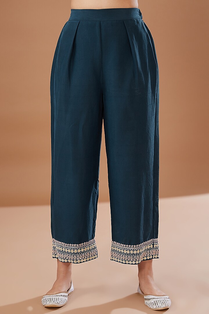 Blue Dupion Silk Embroidered Kurta Set by MADZIN at Pernia's Pop Up Shop