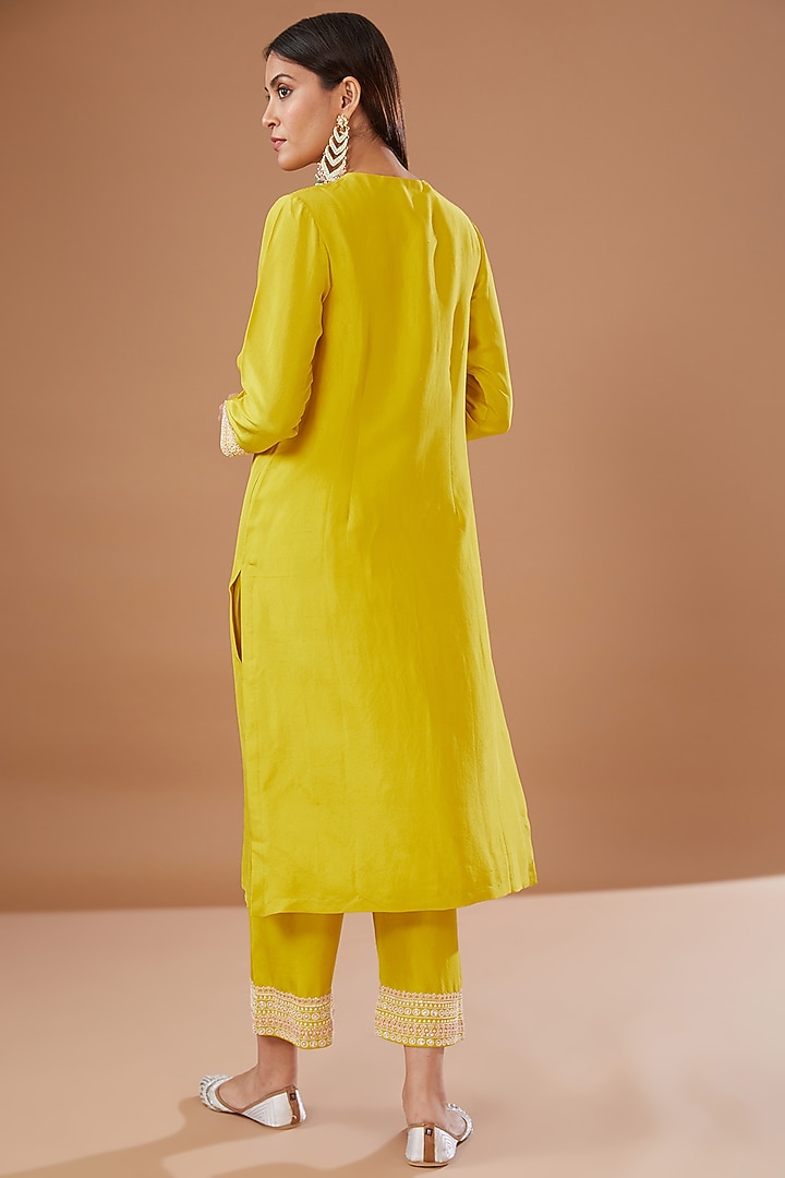 Yellow Dupion Silk Embroidered Kurta Set by MADZIN at Pernia's Pop Up Shop