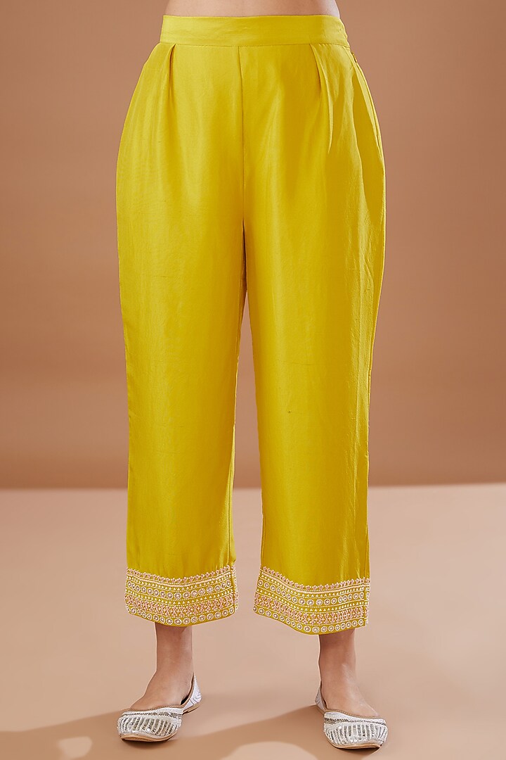 Yellow Dupion Silk Embroidered Kurta Set by MADZIN at Pernia's Pop Up Shop