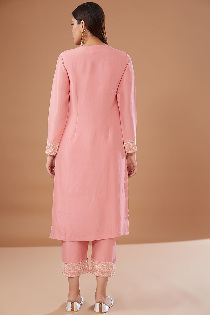 Pink Dupion Silk Embroidered Kurta Set by MADZIN at Pernia's Pop Up Shop