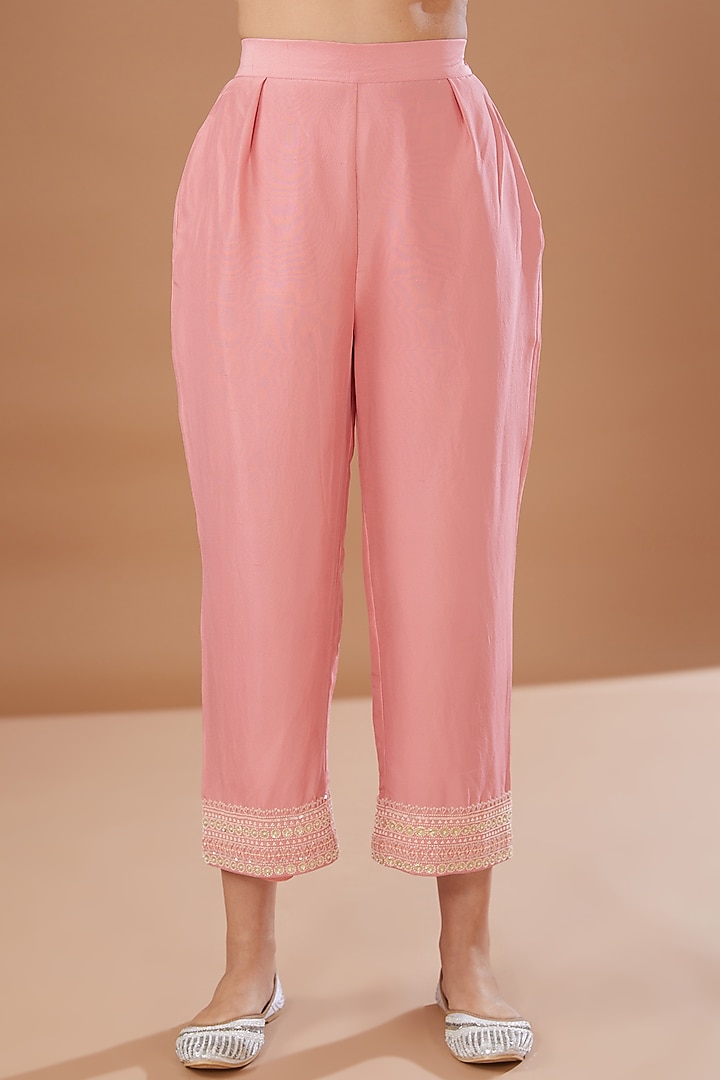 Pink Dupion Silk Embroidered Kurta Set by MADZIN at Pernia's Pop Up Shop