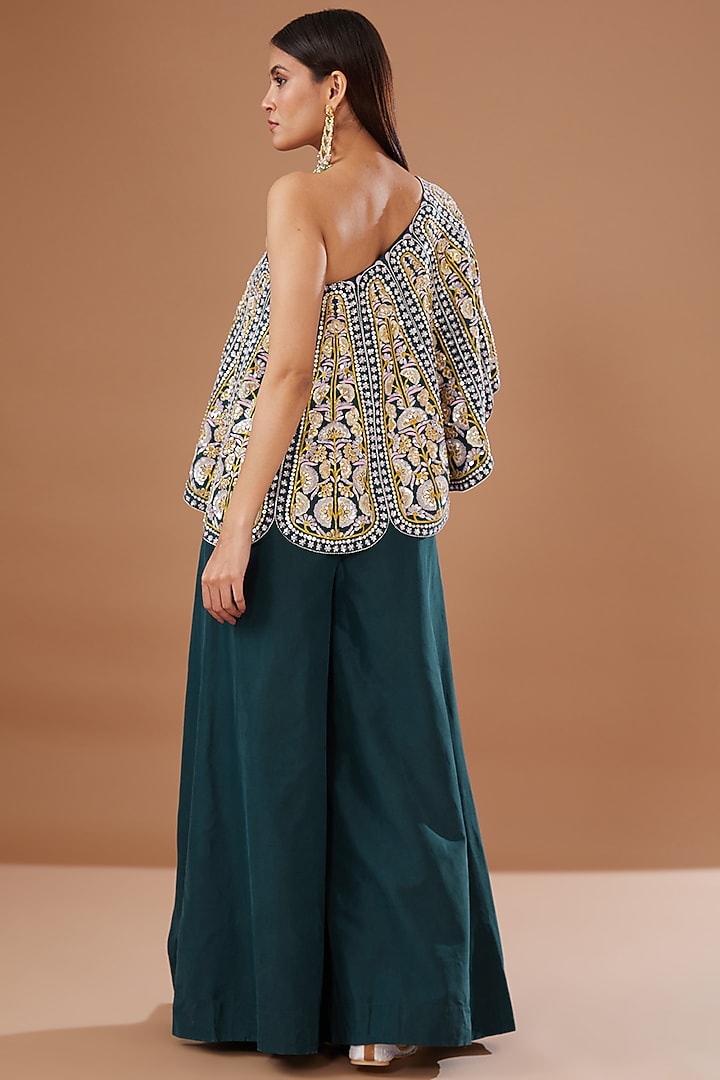 Blue Dupion Silk Embroidered Off-Shoulder Cape Set by MADZIN at Pernia's Pop Up Shop