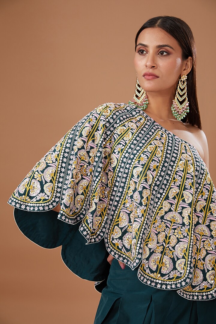 Blue Dupion Silk Embroidered Off-Shoulder Cape Set by MADZIN at Pernia's Pop Up Shop
