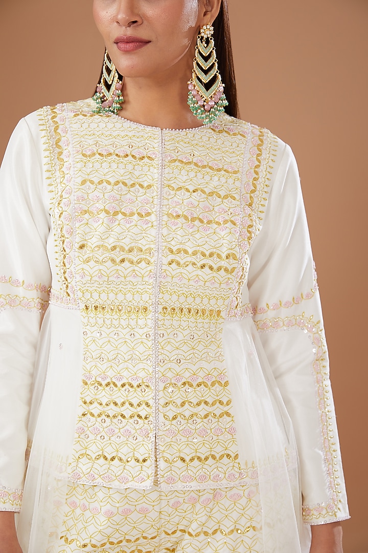 Ivory Dupion Silk Embroidered Jacket Set by MADZIN at Pernia's Pop Up Shop