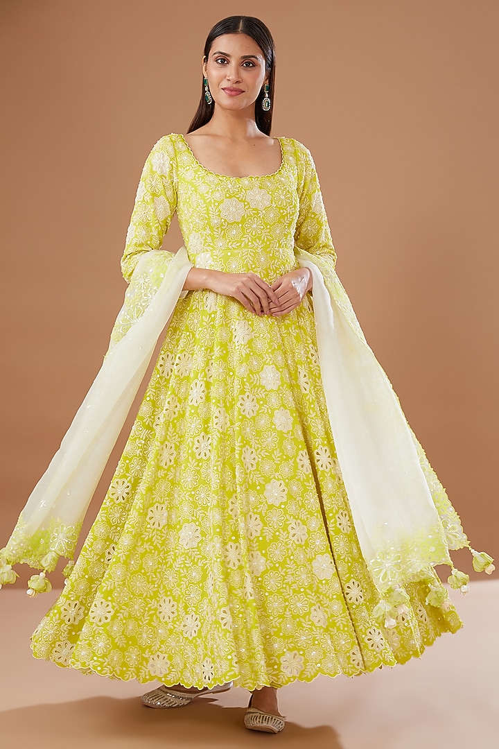 Green Pure Georgette Embellished Bridal Anarkali Set by MADZIN at Pernia's Pop Up Shop