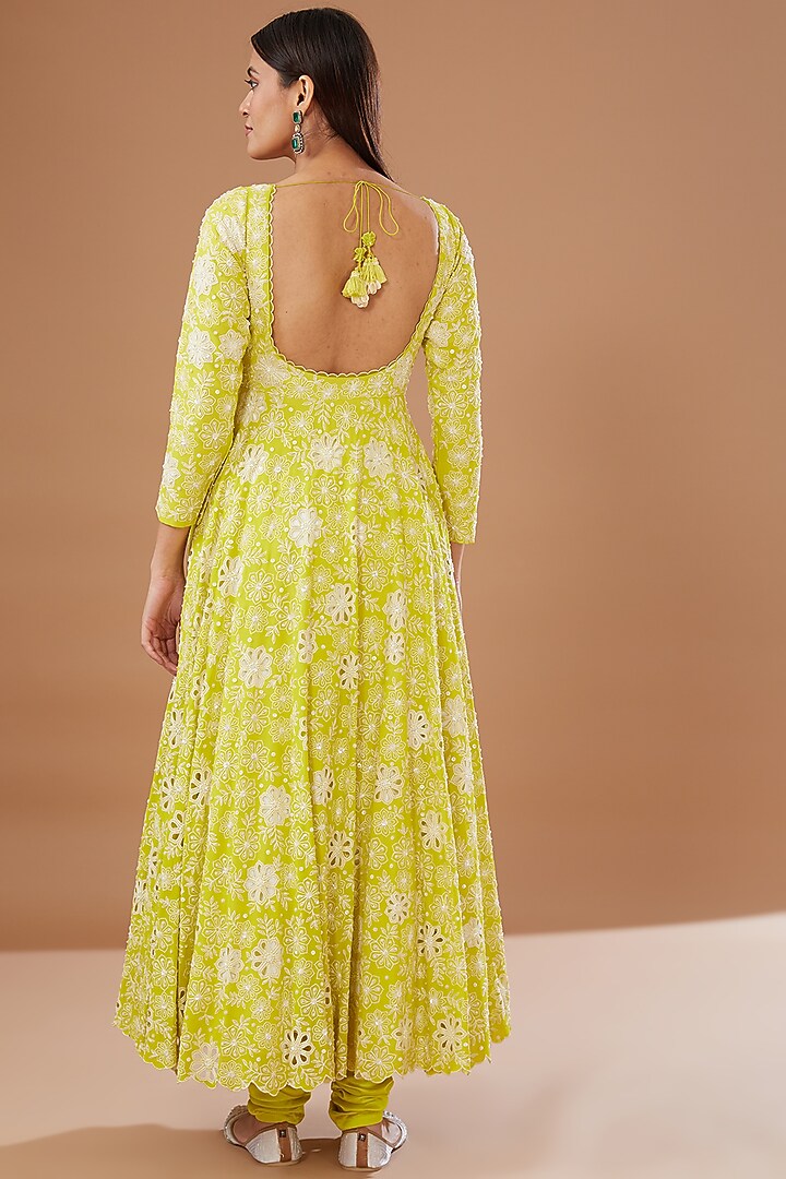 Green Pure Georgette Embellished Bridal Anarkali Set by MADZIN at Pernia's Pop Up Shop