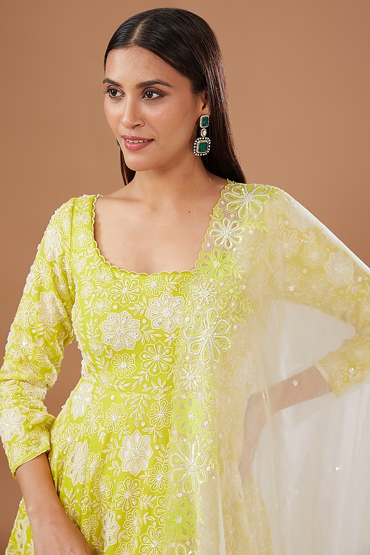 Green Pure Georgette Embellished Bridal Anarkali Set by MADZIN at Pernia's Pop Up Shop