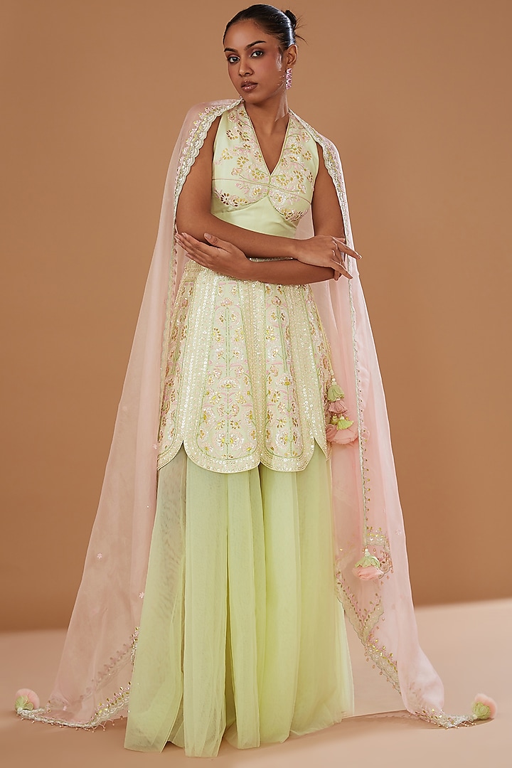 Green Butterfly Net Embroidered Layered Wedding Lehenga Set by MADZIN at Pernia's Pop Up Shop