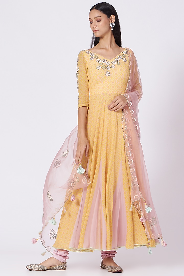 Yellow Buttercup Embroidered Anarkali Set by MADZIN