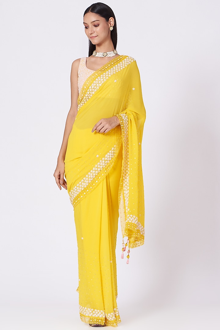 Yellow Hand Embroidered Saree Set by MADZIN