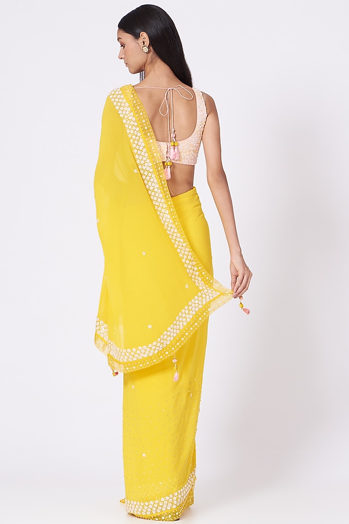Yellow Hand Embroidered Wedding Saree Set by MADZIN at Pernia's Pop Up Shop