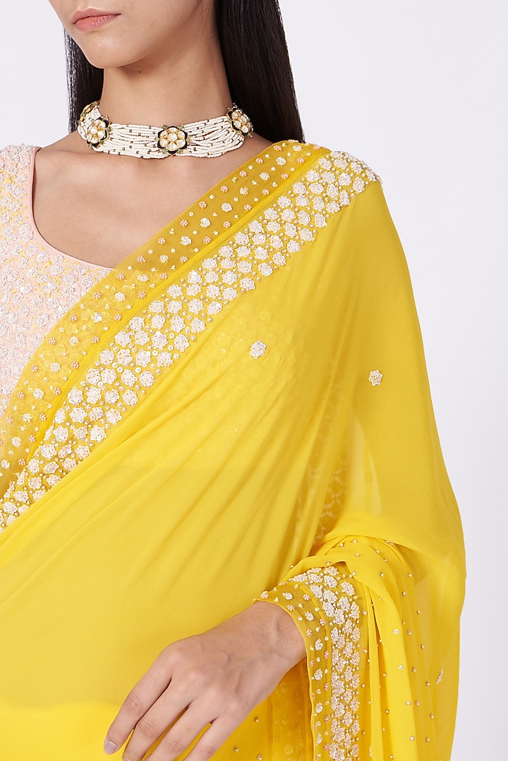 Yellow Hand Embroidered Wedding Saree Set by MADZIN at Pernia's Pop Up Shop