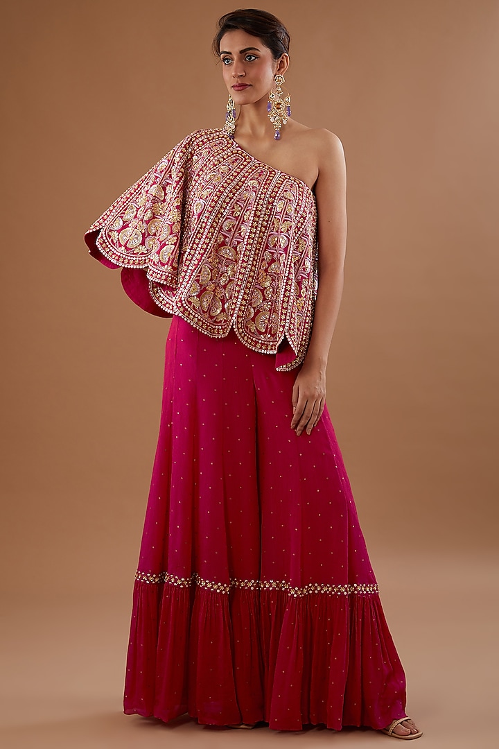 Red Silk Dupion Sequins Embroidered One-Shoulder Cape Set by MADZIN at Pernia's Pop Up Shop