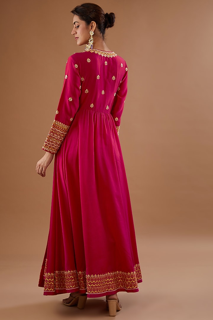 Red Silk Chanderi Beads Embellished Bridal Anarkali Set by MADZIN at Pernia's Pop Up Shop
