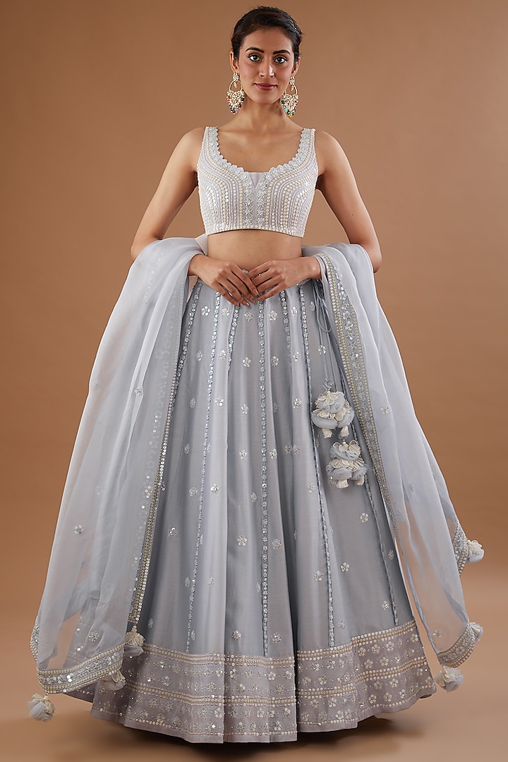 Misty Blue Silk Chanderi Zardosi Embellished Lehenga Set by MADZIN