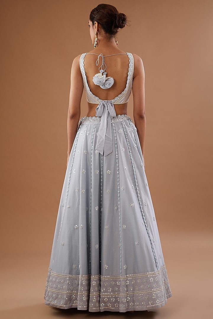 Misty Blue Silk Chanderi Zardosi Embellished Wedding Lehenga Set by MADZIN at Pernia's Pop Up Shop