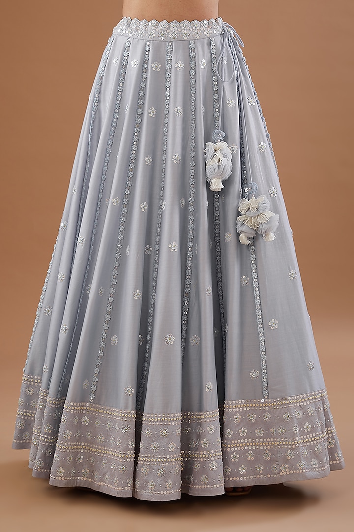 Misty Blue Silk Chanderi Zardosi Embellished Wedding Lehenga Set by MADZIN at Pernia's Pop Up Shop