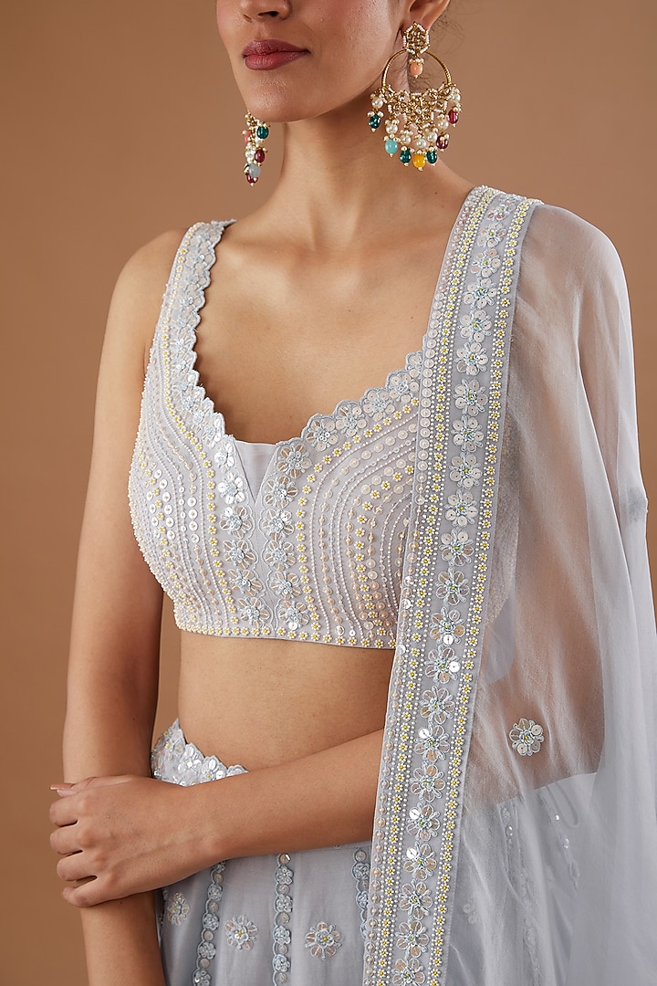 Misty Blue Silk Chanderi Zardosi Embellished Wedding Lehenga Set by MADZIN at Pernia's Pop Up Shop