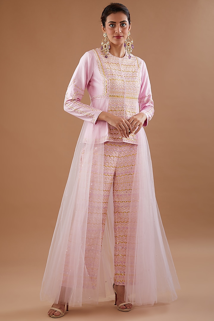 Lilac Silk Dupion Aari Embroidered Co-Ord Set by MADZIN at Pernia's Pop Up Shop