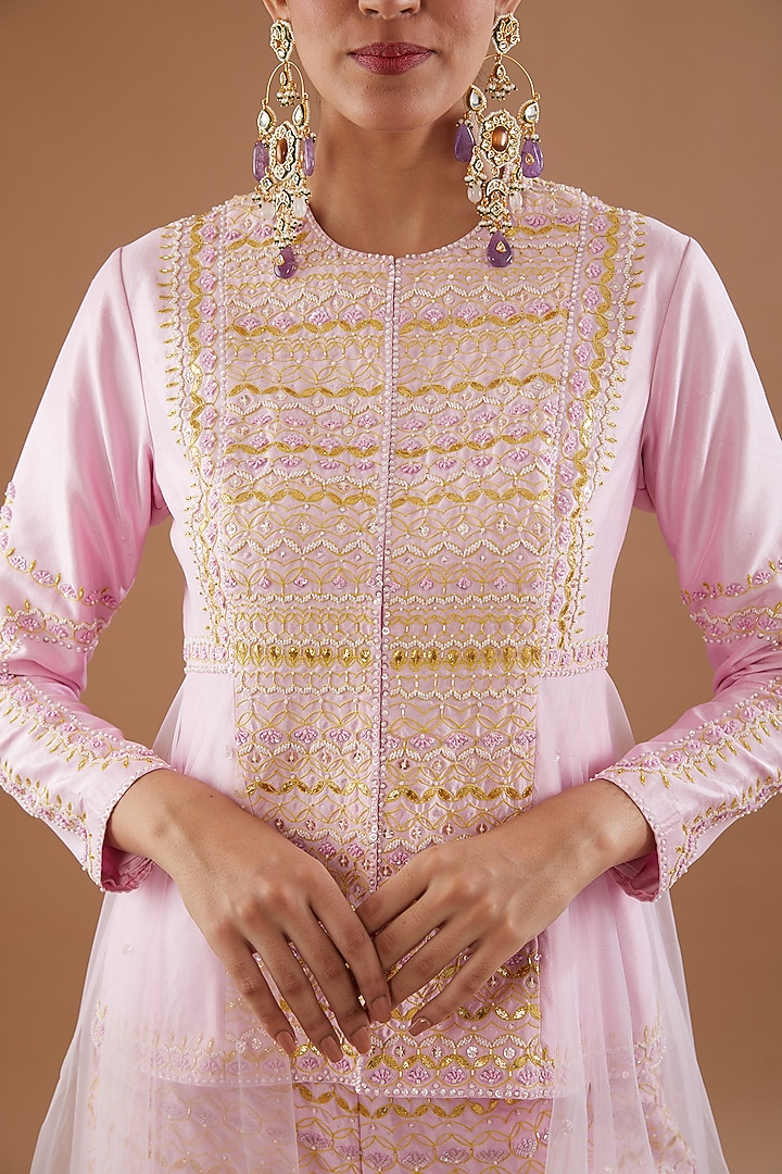 Lilac Silk Dupion Aari Embroidered Co-Ord Set by MADZIN at Pernia's Pop Up Shop