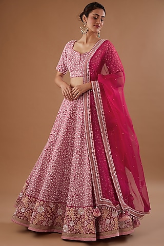 Red Silk Georgette Aari Embroidered Lehenga Set by MADZIN