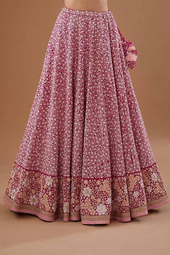 Red Silk Georgette Aari Embroidered Bridal Lehenga Set by MADZIN at Pernia's Pop Up Shop