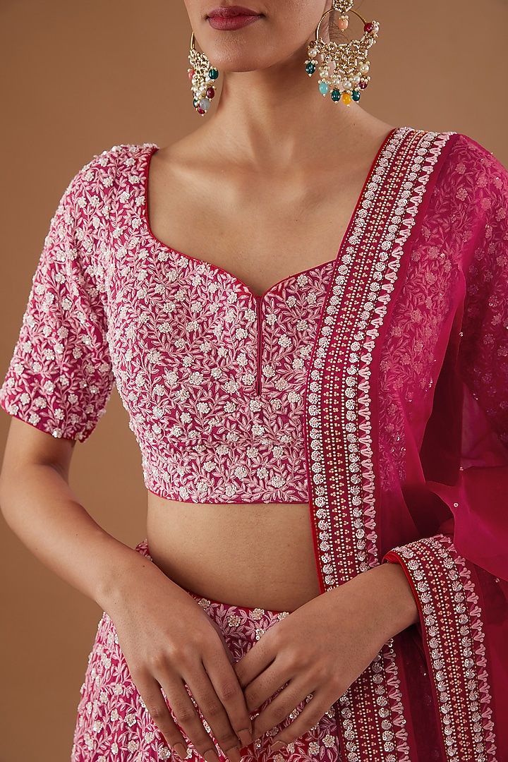 Red Silk Georgette Aari Embroidered Bridal Lehenga Set by MADZIN at Pernia's Pop Up Shop