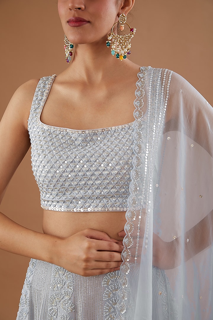 Powder Blue Pure Georgette Aari Embroidered Bridal Lehenga Set by MADZIN at Pernia's Pop Up Shop