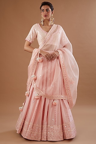 Crystal Rose Silk Chanderi Hand Embroidered Lehenga Set by MADZIN