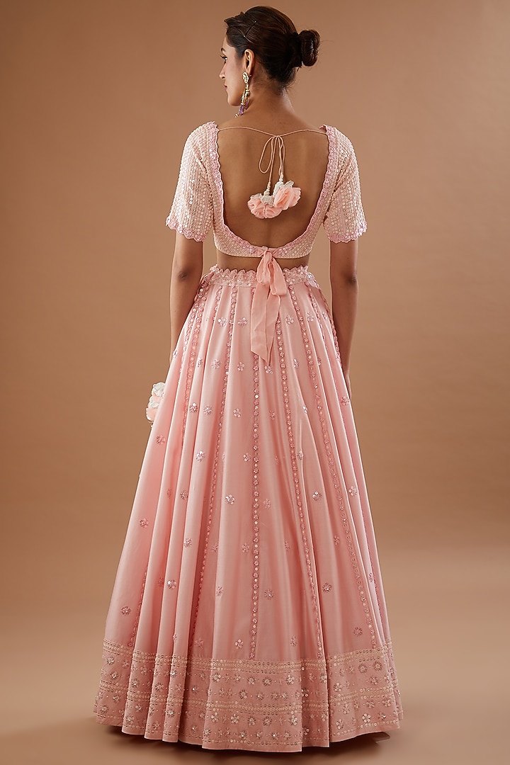 Crystal Rose Silk Chanderi Hand Embroidered Bridal Lehenga Set by MADZIN at Pernia's Pop Up Shop