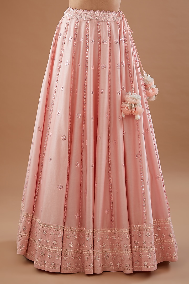 Crystal Rose Silk Chanderi Hand Embroidered Bridal Lehenga Set by MADZIN at Pernia's Pop Up Shop