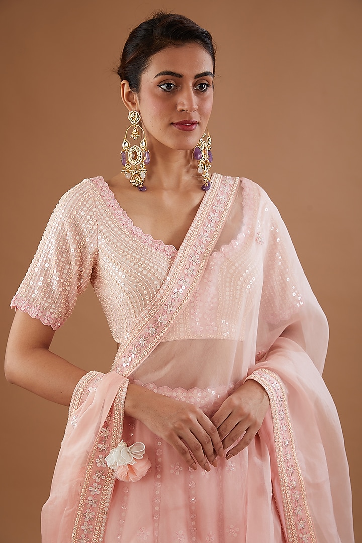 Crystal Rose Silk Chanderi Hand Embroidered Bridal Lehenga Set by MADZIN at Pernia's Pop Up Shop