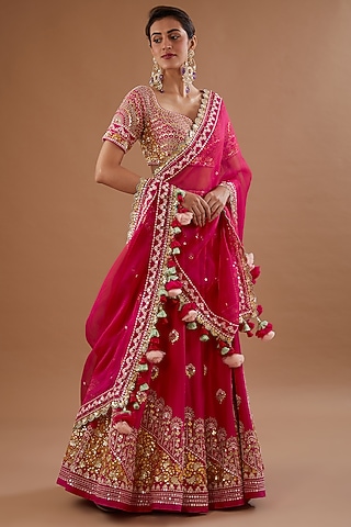 Red Dupion Silk Hand Embroidered Lehenga Set by MADZIN
