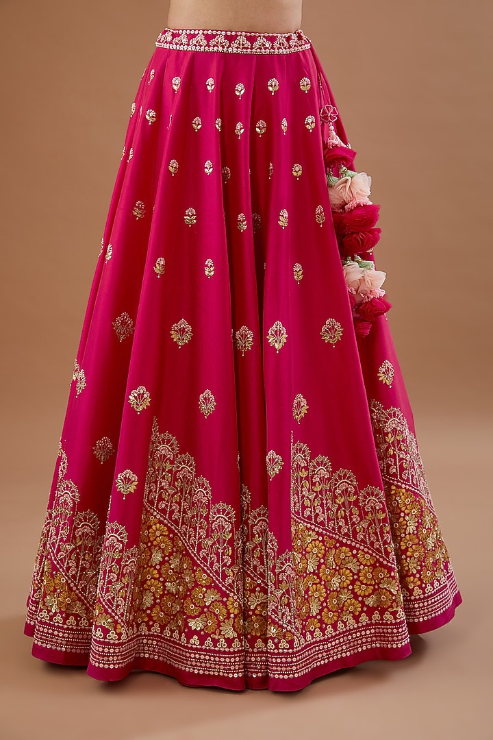 Red Dupion Silk Hand Embroidered Bridal Lehenga Set by MADZIN at Pernia's Pop Up Shop