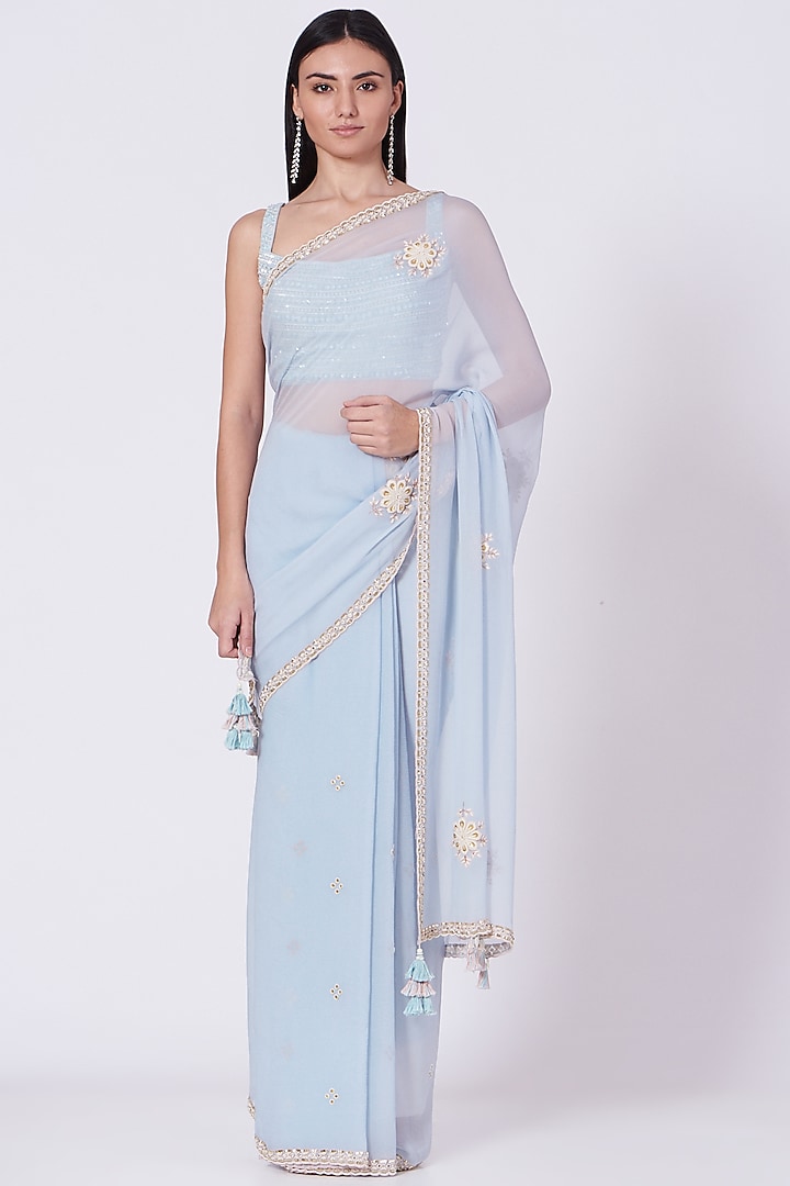 Pale Blue Embroidered Saree Set by MADZIN