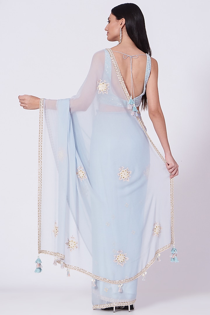 Pale Blue Embroidered Wedding Saree Set by MADZIN at Pernia's Pop Up Shop
