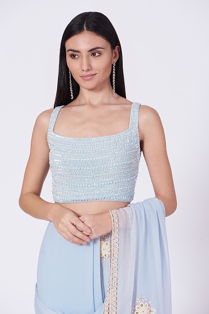 Pale Blue Embroidered Wedding Saree Set by MADZIN at Pernia's Pop Up Shop