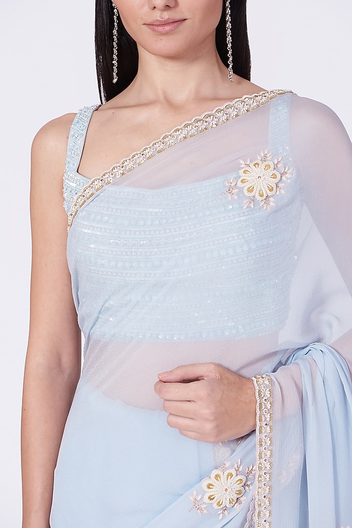 Pale Blue Embroidered Wedding Saree Set by MADZIN at Pernia's Pop Up Shop