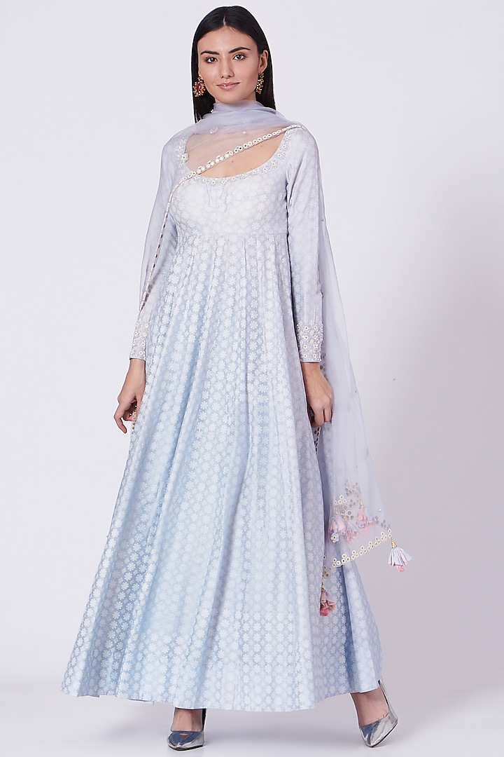 Pale Blue Hand Embroidered Anarkali Set by MADZIN