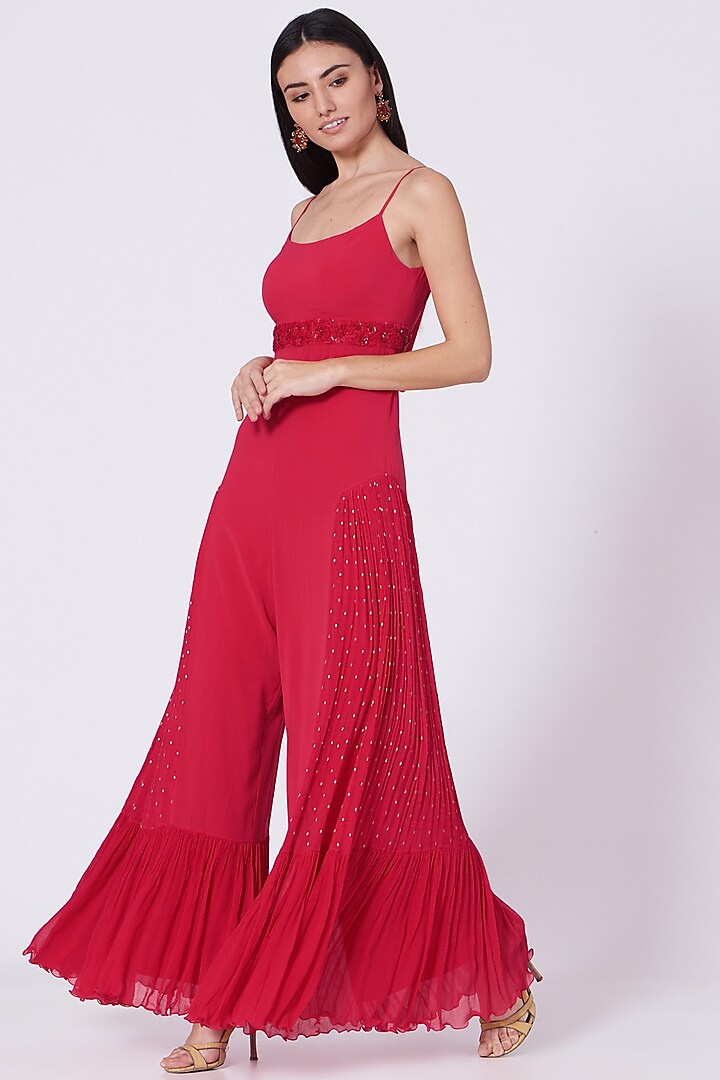 Ruby Red Georgette Jumpsuit by MADZIN