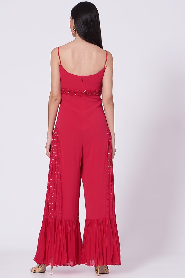 Ruby Red Georgette Jumpsuit by MADZIN at Pernia's Pop Up Shop