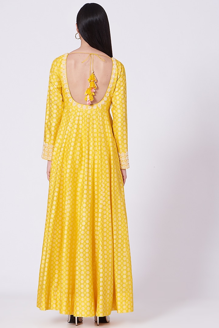 Yellow Hand Embroidered Wedding Anarkali Set by MADZIN at Pernia's Pop Up Shop