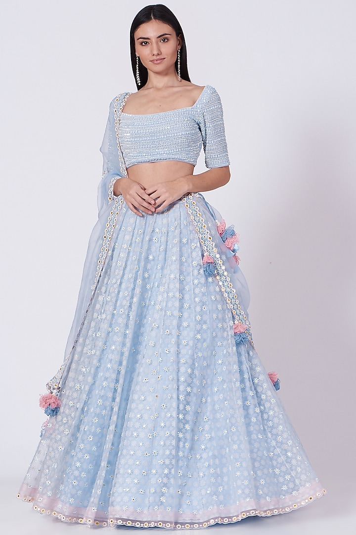 Pale Blue Embroidered Lehenga Set by MADZIN