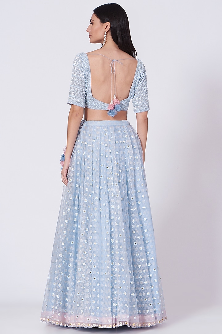 Pale Blue Embroidered Wedding Lehenga Set by MADZIN at Pernia's Pop Up Shop