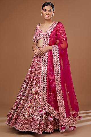Ruby Red Silk Dupion Hand Embroidered Lehenga Set by MADZIN