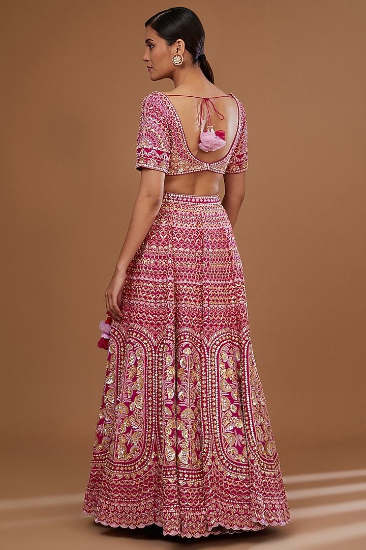 Ruby Red Silk Dupion Hand Embroidered Bridal Lehenga Set by MADZIN at Pernia's Pop Up Shop