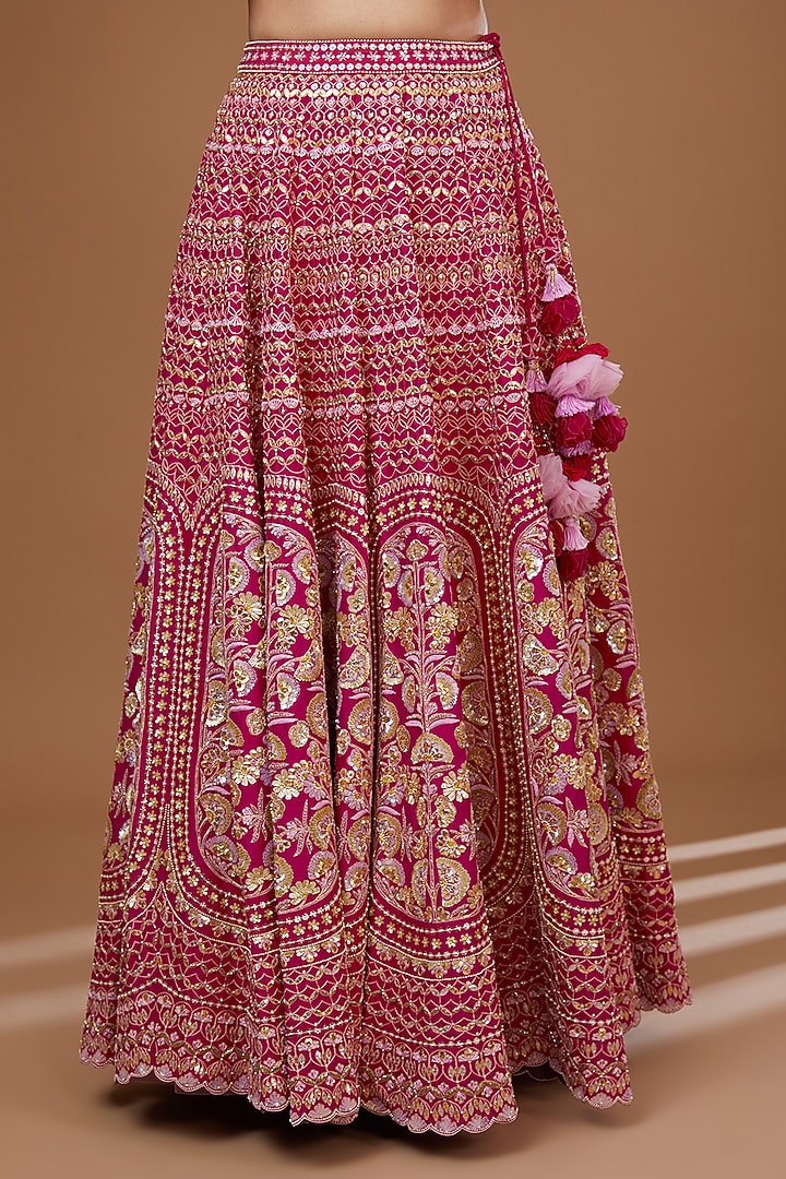 Ruby Red Silk Dupion Hand Embroidered Bridal Lehenga Set by MADZIN at Pernia's Pop Up Shop