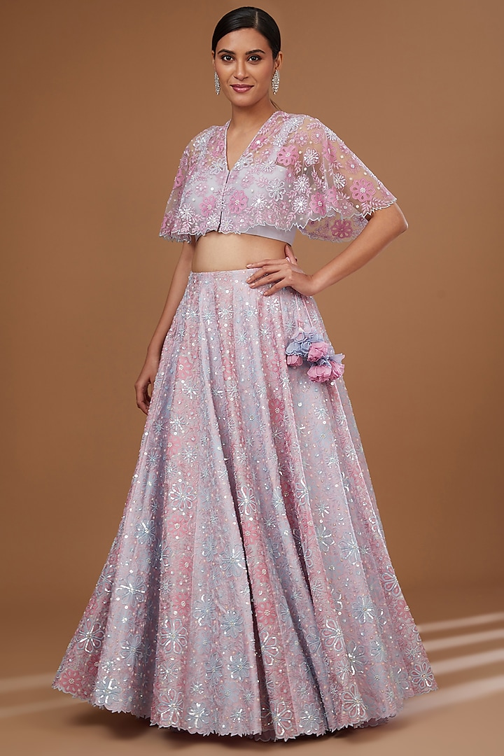 Misty Blue & Lilac Silk Chanderi Hand Embroidered Bridal Lehenga Set by MADZIN at Pernia's Pop Up Shop