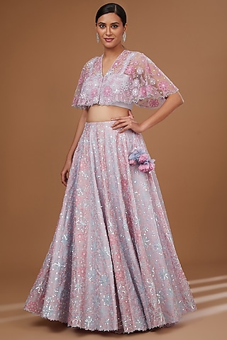 Misty Blue & Lilac Silk Chanderi Hand Embroidered Lehenga Set by MADZIN